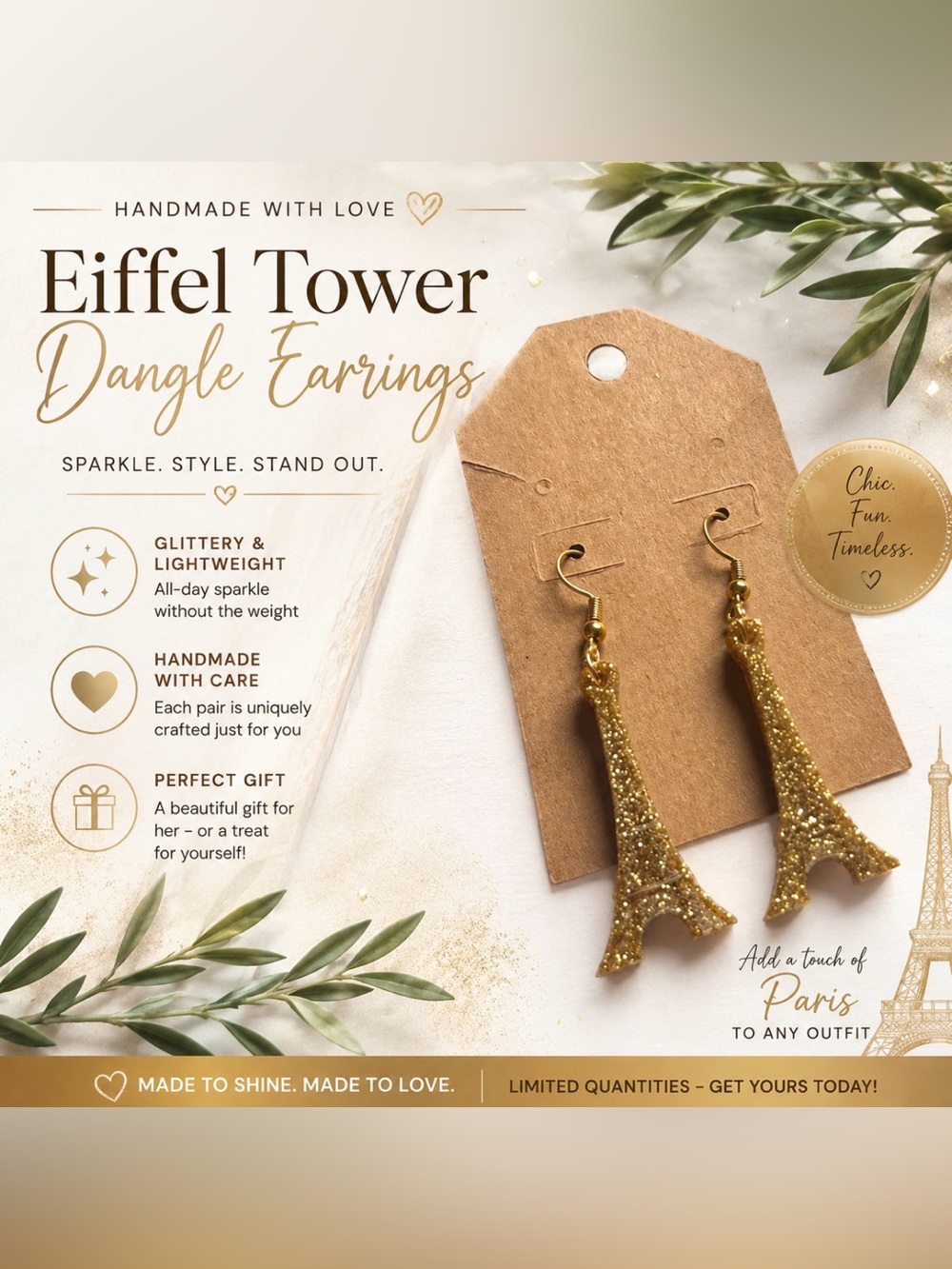 Gold Eiffel Tower Dangle Earrings